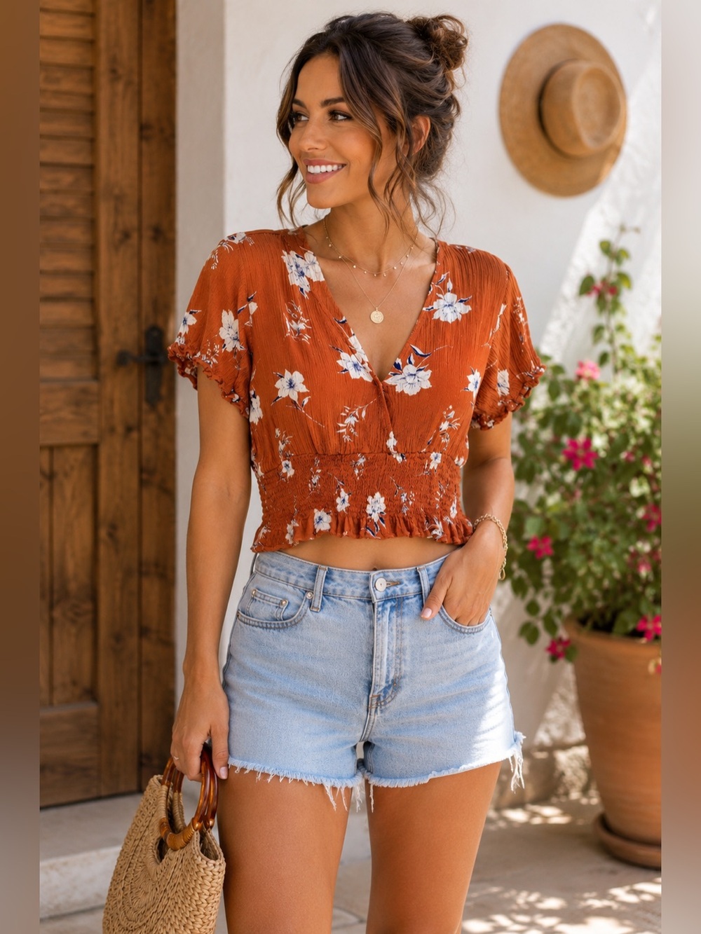 Paper Crane Rust Floral Smocked Crop Top XS Boho Cottagecore Puff Sleeve